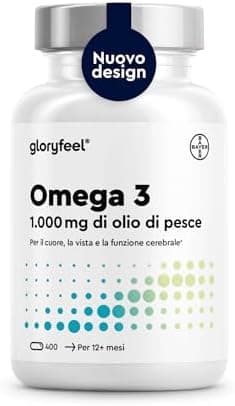 Omega 3 Olio di Pesce 400 Capsule Eletto PRODOTTO DELL'ANNO 2025 (1 anno), Softgel Omega-3, 1000mg Alto Dosaggio, Vista, Cuore, Cervello, 180mg EPA & 120mg DHA, Integratore Fish Oil