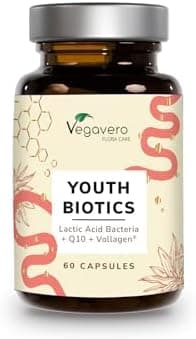 Youth Biotics | Probiotici + Anti Age | Microbiota Intestinale Equilibrato & Salute della Pelle | Con Vitamina C, Vitamina E, Coenzima Q-10 e Aminoacidi | Vegan | No OGM | No Additivi | Vegavero Generico - integratore