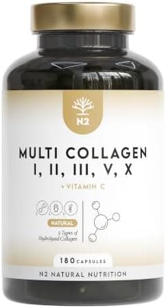 MULTI COLLAGENE Idrolizzato 1650mg. Peptidi di Collagene Marino e Bovino Tipo 1, 2, 3, 5, 10. Collagene Integratore per Articulazioni, Pelle e Ossa + Vitamina C. 180 Capsule. N2 Natural Nutrition