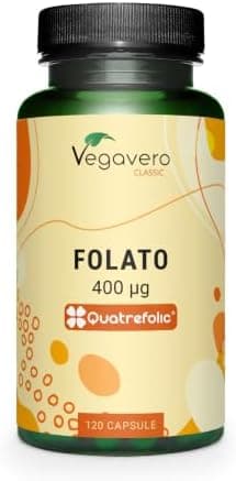 ACIDO FOLICO Vegavero® | 400 mcg | L-Metilfolato 5MTHF (Quatrefolic®) dall'Italia | L’UNICO SENZA ADDITIVI | Folato Attivo Certificato in Laboratorio | Folic Acid | 120 capsule | Vegan