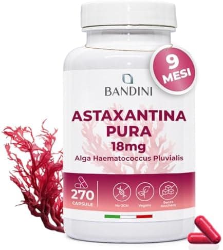 Bandini® Astaxantina pura 18 mg per capsula | 270 capsule - 9 mesi di scorta | Potente antiossidante naturale da alga Haematococcus Pluvialis - Natural Astaxanthine, Senza magnesio stearato, Senza OGM