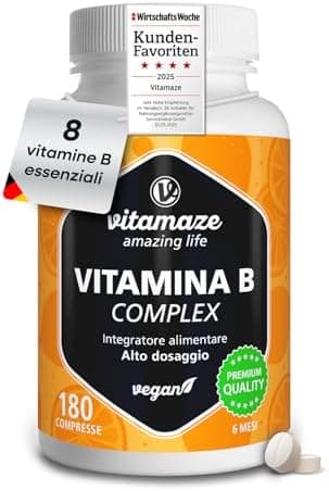 Vitamaze® Vitamina B Complex Alto Dosaggio, 180 Compresse Vegan de Vitamine B con Biotina, Acido Folico, Vitamina B12, Vitamina B3, B5, Vitamina B6, Vitamina B1, Integratore Vitamina B Generico - integratore