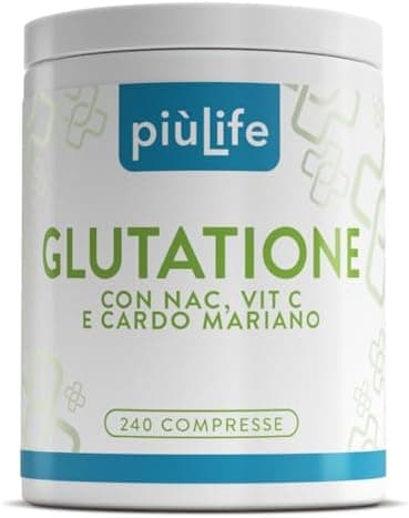 Glutatione Forte PiùLife 100% Glutatione Ridotto Puro con Vitamina C, NAC n-acetil-cisteina e Cardo Mariano Fegato Tit. 80% – 250 mg per dose – Antiossidante, Sistema Immunitario, Detox