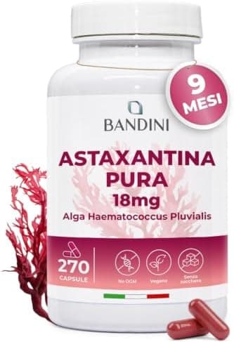 Bandini® Astaxantina pura 18 mg per capsula | 270 capsule - 9 mesi di scorta | Potente antiossidante naturale da alga Haematococcus Pluvialis - Natural Astaxanthine, Senza magnesio stearato, Senza OGM