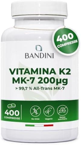 Bandini® Vitamina K2 MK7 200µg | 400 Compresse | Menachinone ad Alto Dosaggio | Vit K 2 MK-7 200 mcg | Contribuisce al Mantenimento di Ossa Normali, 100% Vegan, Senza OGM | Vitamina K Qualità Italiana