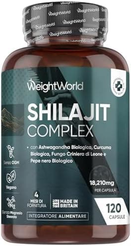 Shilajit Complex 18210mg, 120 Capsule Vegane, 1 al Giorno (per 4 Mesi), con Ashwagandha Bio, Curcuma Bio, Lions Mane Mushroom, Pepe Nero, Shilajit Integratore, Estratto 40:1, Senza Magnesio Stearato Generico - integratore