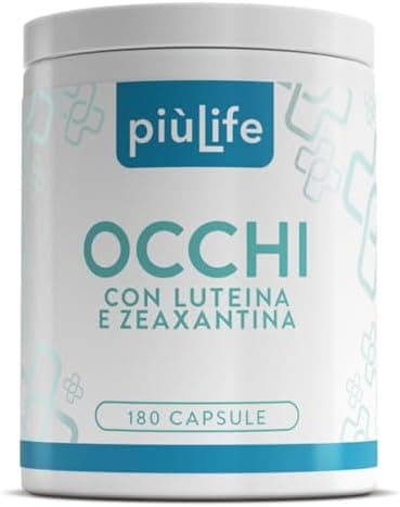 Luteina e Zeaxantina Integratore Occhi 180 Capsule PiùLife, 2 Al Giorno, Con Vite Rossa E Mirtillo, Acido Ialuronico, B2, Vitamina A, E, Zinco, Antiossidanti - Vitamine per la vista e occhi stanchi