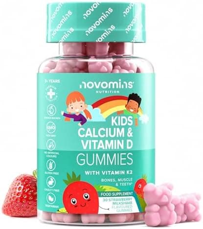 Gommose Calcio e Vitamina D per Bambini – Integratore Multivitaminico Ossa e Denti – Integratore Vegetariano Fornitura 1 Mese – 30 Vitamine Gommose Masticabili con Vitamina K2 - Novomins