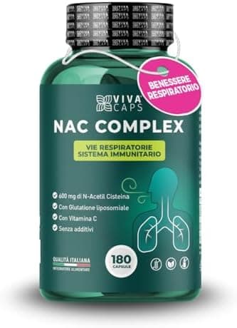 Nac 600mg per dose giornaliera 180cps 1 al giorno per 6 mesi, Nac n-acetil-cisteina con glutatione e Vitamina c, supporta lo stress ossidativo e il benessere delle vie respiratorie - Made in italy