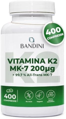 Bandini® Vitamina K2 MK7 200µg | 400 Compresse | Menachinone ad Alto Dosaggio | Vit K 2 MK-7 200 mcg | Contribuisce al Mantenimento di Ossa Normali, 100% Vegan, Senza OGM | Vitamina K Qualità Italiana