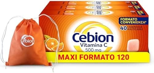 Cebion Vitamina C 500 mg Masticabile Arancia, Supporta il Sistema Immunitario1 e il Metabolismo Energetico2, 120 Compresse, Integratore Alimentare