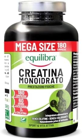 Equilibra Creatina Monoidrato, Vegana, 3000mg per dose max die, 180 Compresse, Scorta 2 Mesi, Senza Glutine, Ideale per il Pre Workout, per Uomini e Donne, Senza Coloranti, Senza Lattosio Generico - integratore