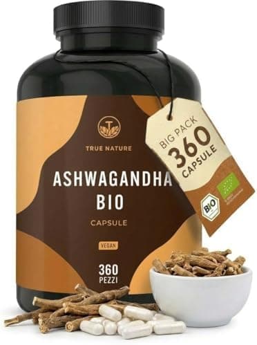 TRUE NATURE Ashwagandha Bio 360 Capsule, Alto Dosaggio 2600mg al Giorno, 650mg per Capsula, Withania Somnifera, Vegano, Produzione Tedesca