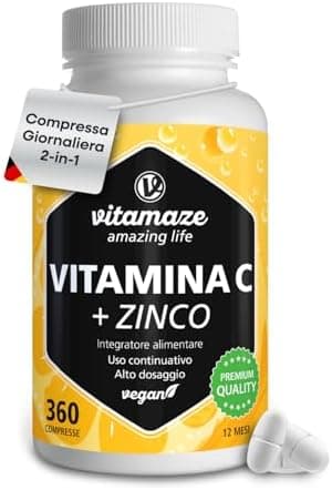 Vitamina C 1000mg (1 Anno) + Zinco + Bioflavonoidi, 360 Compresse, 1 Compresse per Giorno, Vegan Vitamina C Pura Dose Forte, Qualità Tedesca, Integratore Alimentare senza Additivi. Vitamaze® Vitamina - integratore