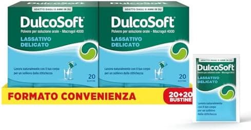 DulcoSoft Lassativo con Macrogol, Rimedi Stitichezza Adulti e Bambini - Senza Glutine, Senza Zucchero - Lassativo Delicato per Irregolarità Intestinale, Stipsi (40 Bustine)