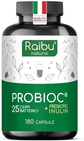Probiotici Fermenti Lattici per Intestino - 180 Capsule, 25 Ceppi Batterici con Inulina, 60 Miliardi UFC - Resistenti ai Succhi Gastrici, Alta Dosaggio & Inclusi Lactobacillus e Bifidobatteri - Raibu Generico - integratore
