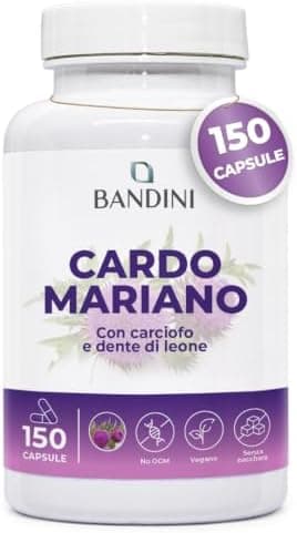 Bandini® Cardo Mariano con Carciofo, Tarassaco e Dente di Leone, 150 Capsule, Complesso ad Alto dosaggio, Estratto 80% di Silimarina, Milk Thistle, Diuretico, Digestivo e Depurativo, Metodo HPLC