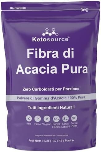 Fibra di Acacia Pura | 0g carboidrati | zero calorie | Sostenere il digiuno e la dieta chetogenica | Integratore Alimentare Prebiotico con Fibre Solubili | Nessun additivo | Busta da 500g | Ketosource