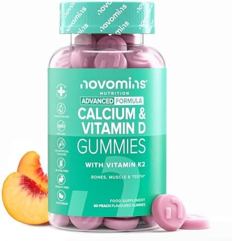 Gommose Calcio e Vitamina D – Calcio 400 mg – Integratore Multivitaminico Muscoli e Ossa –Integratore Veg No Glutine Fornitura 1 Mese – Vitamine Gommose Masticabili con Vitamina K2 - Novomins