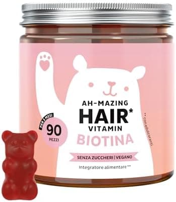 Biotina Gummies Ah-mazing Hair – Integratori per Capelli – Formula Potenziata – 10.000 µg di Biotina, Zinco, Vitamina B6, C, E e Iodio – 90 pezzi (3 Mesi), Vegane, Senza Zucchero, Bears with Benefits