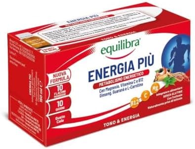 Equilibra Integratori Alimentari, Energia Più, Integratore con Magnesio, Vitamina C, Vitamina B12, Ginseng, Guaranà e L-Carnitina, Gusto Cola, Senza Glutine, 10 Flaconcini Pronti da Bere