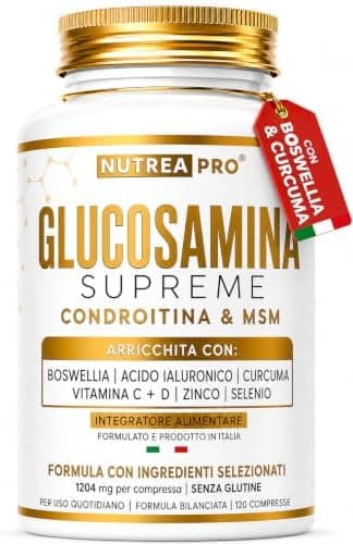 Glucosamina Condroitina msm integratore 2408 mg/giorno NUTREA PRO® con Boswellia Serrata Alto Dosaggio, Acido Ialuronico, Curcuma, Vitamina C,D, Zinco. Integratore articolazioni. Cartilagine ginocchio