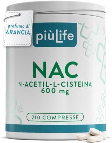 NAC n-acetil-cisteina 600mg 210 compresse PiùLife – n acetilcisteina 1 al giorno – NAC 600 Integratore Antiossidante, Sintesi del Glutatione, Proprietà Difese Immunitarie, Mucolitico Fluidificante