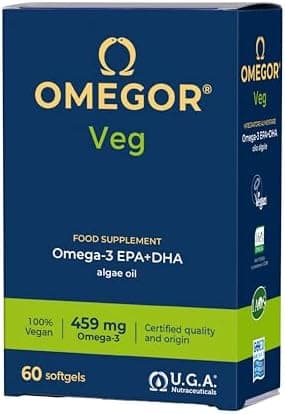 Omega 3 Vegan OMEGOR Veg - Omega3 Vegetale IFOS 5 Stelle e Vegan Society da Olio di Alghe con Vitamina E - 250mg DHA e 125mg EPA (60 Capsule)