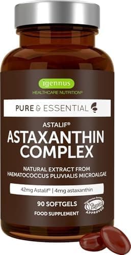 Astaxantina Ultra Pura, Complesso Antiossidante, 42mg di H. Pluvialis Fornisce 4 mg di Astaxantina Naturale, 90 Capsule Vegane, Non OGM - Igennus