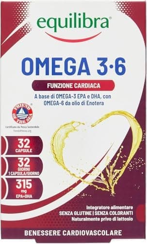 equilibra Integratori Alimentari, Omega 3-6, Integratore con EPA e DHA, per la Normale Funzione Cardiaca e Cerebrale, per la Capacità Visiva Normale, 32 Capsule Generico - integratore