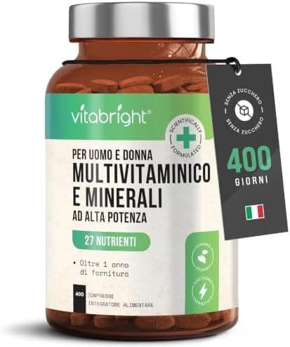 Multivitaminico Completo VitaBright Uomo e Donna | 400 Compresse (400 Giorni) | 27 Vitamine e Minerali | 100% NRV Tutte le Vitamine | Integratore Multivitaminico per Adulti e Ragazzi 12+