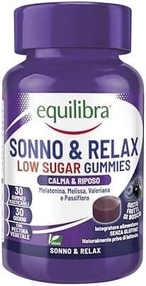 Equilibra, Melatonina in Gummies Low Sugar, 1 mg per Gummy, Vegan, Melatonina Sonno e Relax, per Favorire il Sonno, con Estratti Vegetali, a Base di Pectina, Senza Glutine, Gusto Lampone, 30 Gummies Generico - integratore