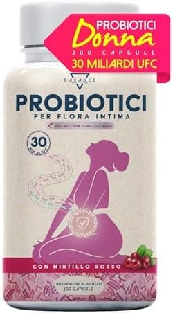 Probiotici e Prebiotici per la Flora Intima - 200 Capsule | Probiotici Donna | 30 Miliardi CFU/giorno | Candida Vaginosi | Lactobacillus Rhamnosus, Reuteri, Crispatus, Fermentum e Mirtillo Rosso