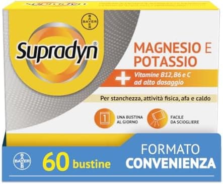 Supradyn Magnesio e Potassio Integratore Multivitaminico con Vitamine B, Vitamina C e Sali Minerali per Stanchezza, Caldo e Sport, 60 Bustine Effervescenti Senza Zucchero, Gusto Arancia
