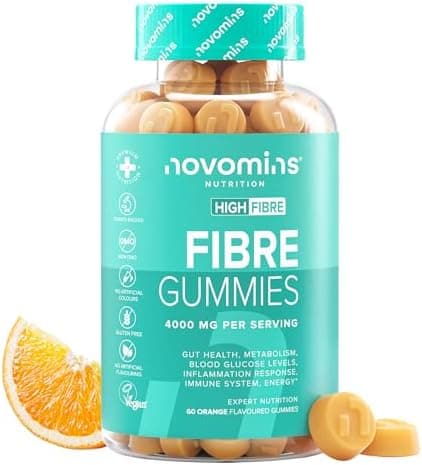 Gommose di fibre – 4000 mg ad alto contenuto di fibre – integratore di fibre con calcio per la normale funzione digestiva – con vitamina D, vitamina B12, cromo e inulina – 60 gommose – Novomins Generico - integratore