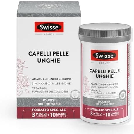 SWISSE Capelli Pelle Unghie - Integratori per Capelli, Pelle e Unghie con Vitamina C Biotina Cardo Mariano, 100 Compresse - Zinco Integratore Capelli, Formazione Collagene e Unghie Sane