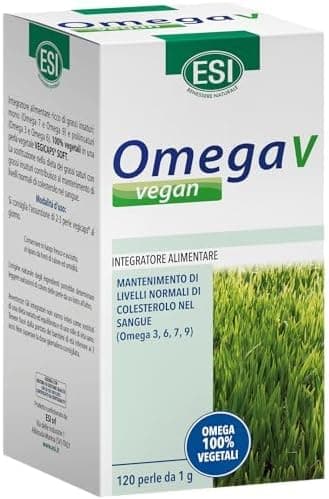 ESI, Omega V Vegan, Integratore Alimentare di Acidi Grassi Omega 3, 6, 7, 9 con Olio di Semi di Lino, Contribuisce ai Normali Livelli dei Colesterolo, Senza Glutine e Vegano, 120 Perle Generico - integratore