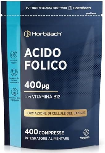Acido Folico 400mcg con Vitamina B12 | 13 Mesi di Scorta | 400 Compresse Vegane | Integratore con Acido Folico | Folic Acid Vitamin B12 Supplement | di Horbaach Generico - integratore