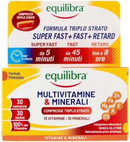 Equilibra Multivitamine e Minerali, Rilascio Prolungato fino a 8 ore, Vitamine A, B, C, D, E, Ferro, Iodio, Zinco, per Energia e Sostegno, Senza Glutine, per Vegetariani, 30 Compresse Triplo Strato Generico - integratore