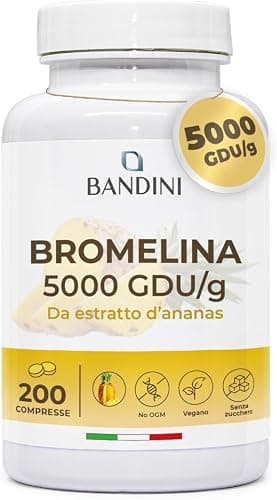 Bandini® Bromelina Forte 5000 GDU/g Gastroprotetta 200 Compresse, Enzima Digestivo, Estratto di Ananas, Bromelina Strong, Pura, Alto Dosaggio, Maggior Assorbimento, 100% Vegano Generico - integratore