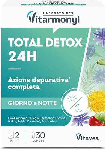 Vitarmonyl Total Detox 24H - Integratore Drenante Forte - Detox Fegato e Intestino - Azione Giorno e Notte - Digestione, Metabolismo e Depurazione - 30 Capsule Generico - integratore