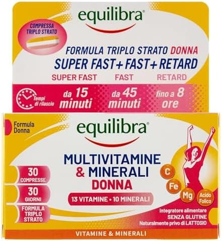 Equilibra Integratori Alimentari, Multivitamine & Minerali Donna, Integratore Tripla Azione di Magnesio, Ferro, Acido Folico e Vitamina C, Senza Glutine, 30 Compresse Triplo Strato a Rilascio Graduale Generico - integratore