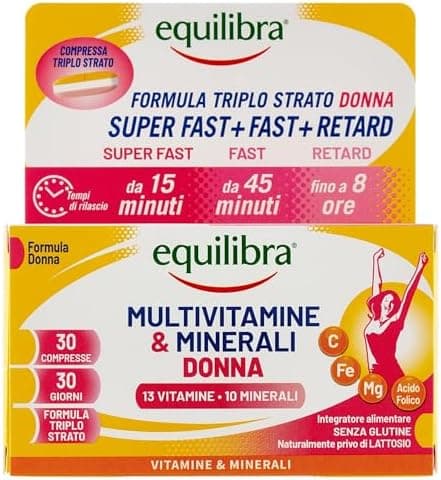 Equilibra Integratori Alimentari, Multivitamine & Minerali Donna, Integratore Tripla Azione di Magnesio, Ferro, Acido Folico e Vitamina C, Senza Glutine, 30 Compresse Triplo Strato a Rilascio Graduale Generico - integratore