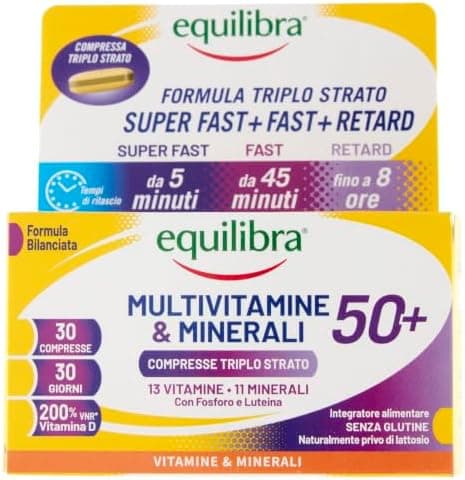 Equilibra Multivitamine e Minerali 50+, Rilascio Prolungato fino a 8 ore, Alto Dosaggio di Vitamina D, con Fosforo e Luteina, per Adulti 50+, Senza Glutine, per Vegetariani, 30 Compresse Triplo Strato
