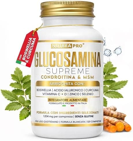 Glucosamina Condroitina msm integratore 2408 mg/giorno NUTREA PRO® con Boswellia Serrata Alto Dosaggio, Acido Ialuronico, Curcuma, Vitamina C,D, Zinco. Integratore articolazioni. Cartilagine ginocchio