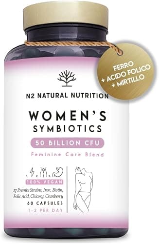 Fermenti Lattici Probiotici Donna (50 Milioni UFC/17 Ceppi) Integratore Probiotici per Intestino, Vaginale, Urinaria e Ormonale. Mirtillo Rosso, Acido Folico. 60 Capsule. N2 Natural Nutrition Generico - integratore