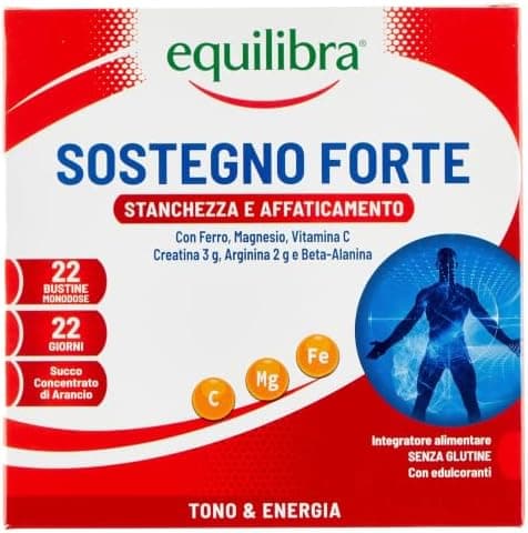 equilibra Integratori Alimentari, Sostegno Forte, Integratore con Creatina, Arginina, Vitamine C, B1, per Incrementare le Prestazioni Fisiche, con Succo Concentrato di Arancio, 22 Bustine Monodose Equilibra - integratore