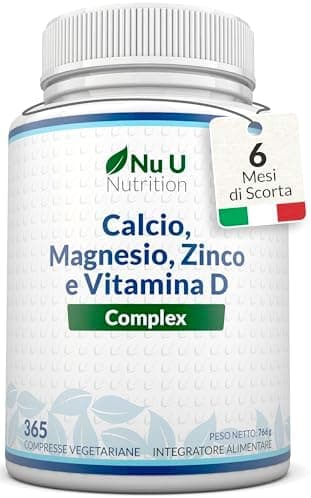 Calcio, Magnesio, Zinco e Vitamina D3 ad Alto Dosaggio - 365 Compresse Vegetariane - Complesso con Selenio, Rame, Manganese e Boro - 6 Mesi di Durata - Prodotto in Europa - Nu U Nutrition
