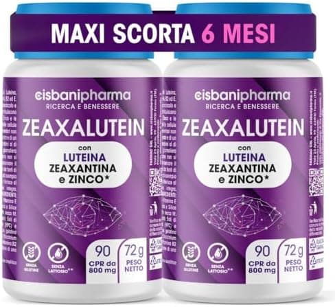 CISBANI PHARMA Luteina e Zeaxantina ad Alto Dosaggio, Integratore Occhi Vista Antiossidante da 800mg (Scorta per 3 mesi) con Mirtillo Nero e Rosso, Zinco, Vitamine A, B2, E - Zeaxalutein 180 Compresse Generico - integratore