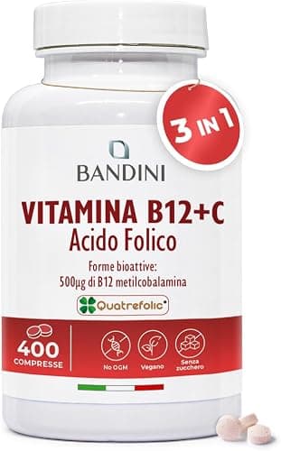 Bandini® Vitamina B12 e Acido Folico 400 Compresse Vegane (+1 Anno), 3 in 1 con Vitamina C, Forme Bioattive Metilcobalamina e Quatrefolic®, B 12 + B9 + Vit C, Energia e Vitalità, Vitamine 100% Vegan Generico - integratore